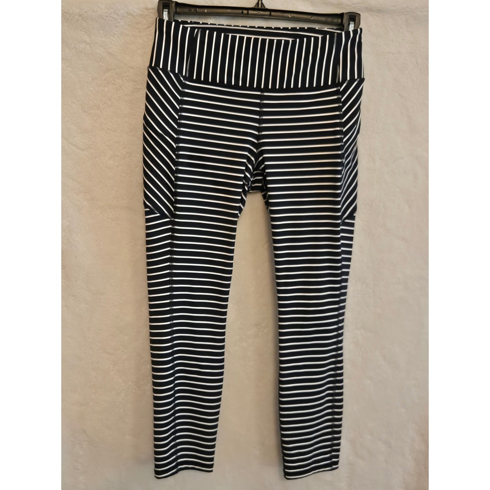 Athleta Womens M‎ Striped High Rise Athletic Leggings Navy White Tall 24 Inseam